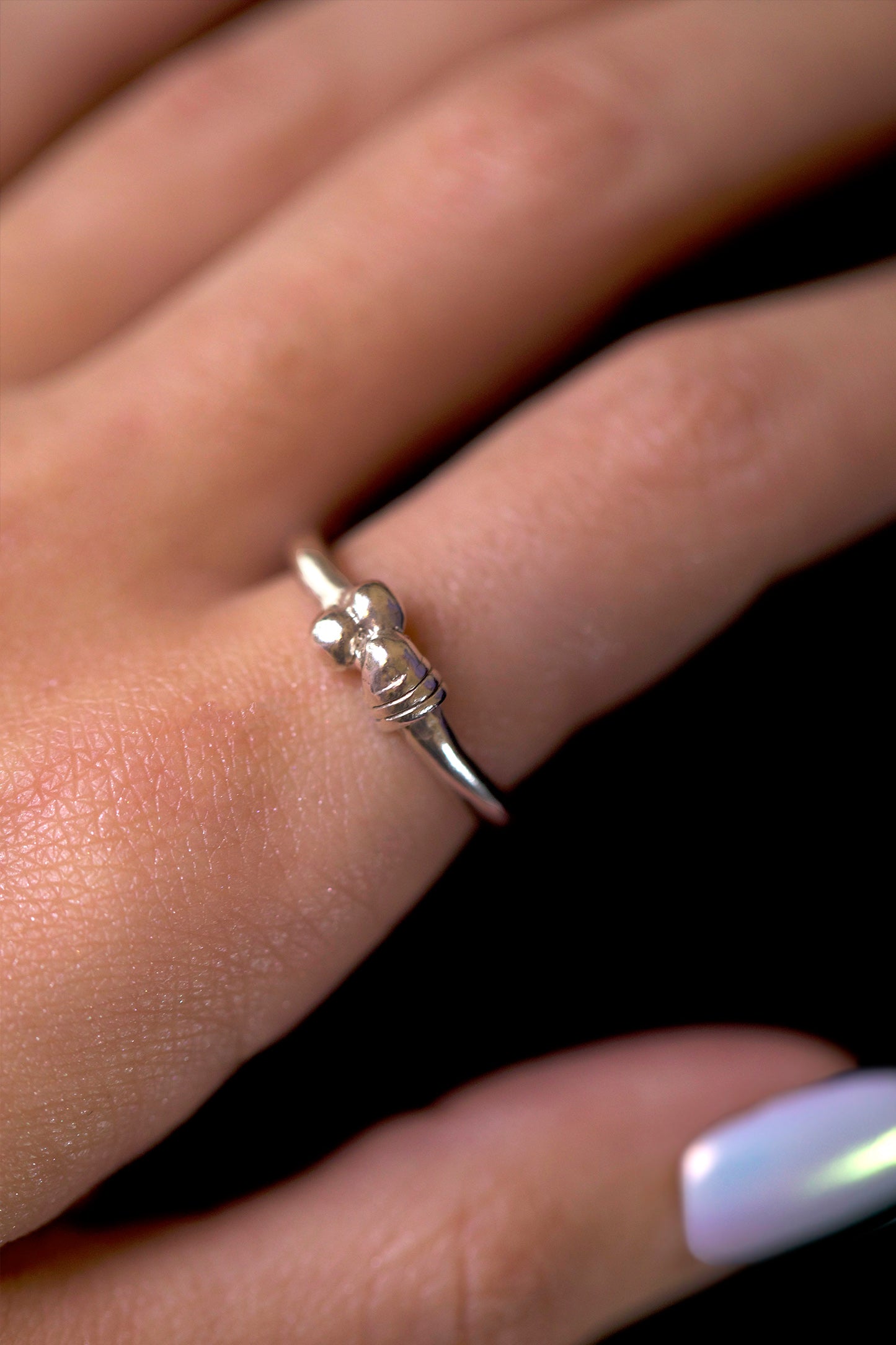 Fine detail of Eros Ring in high-polished, high-quality Sterling Silver.