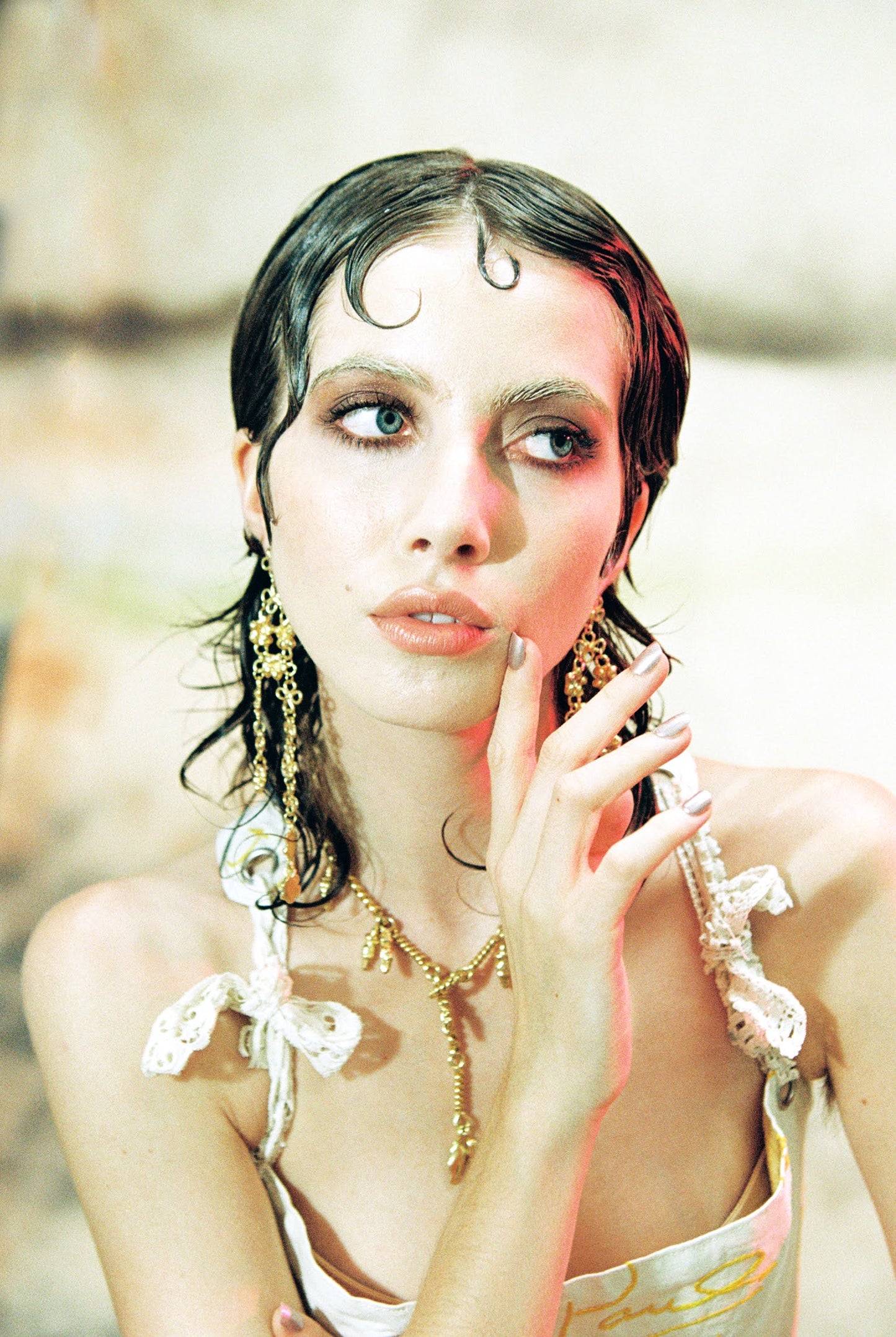 CLARK Rosary Earrings and Heavenly Bodies Necklace shot by Alanna Durkee for LADYGUNN on model, Autry Haydon-Wilson for LadyGunn . These one-of-a-kind 18k Gold Vermeil earrings were handcraft using the lost wax casting method.