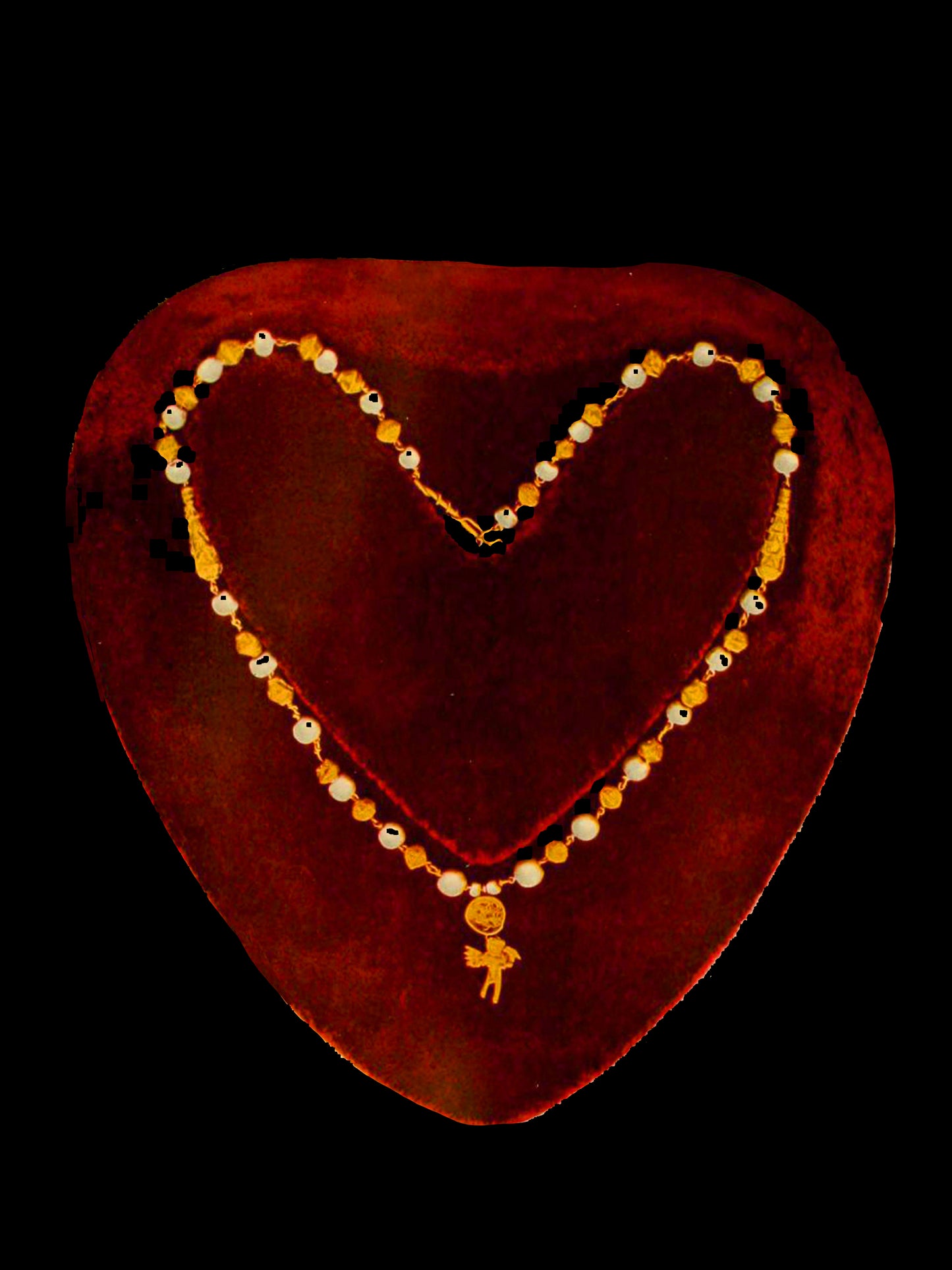 Close up of whimsical design - a photo collage of a necklace with an angel charm in the shape of a heart on a red ground. This shirt is black. A perfect gift for someone who loves to mix renaissance atheistic and streetwear.