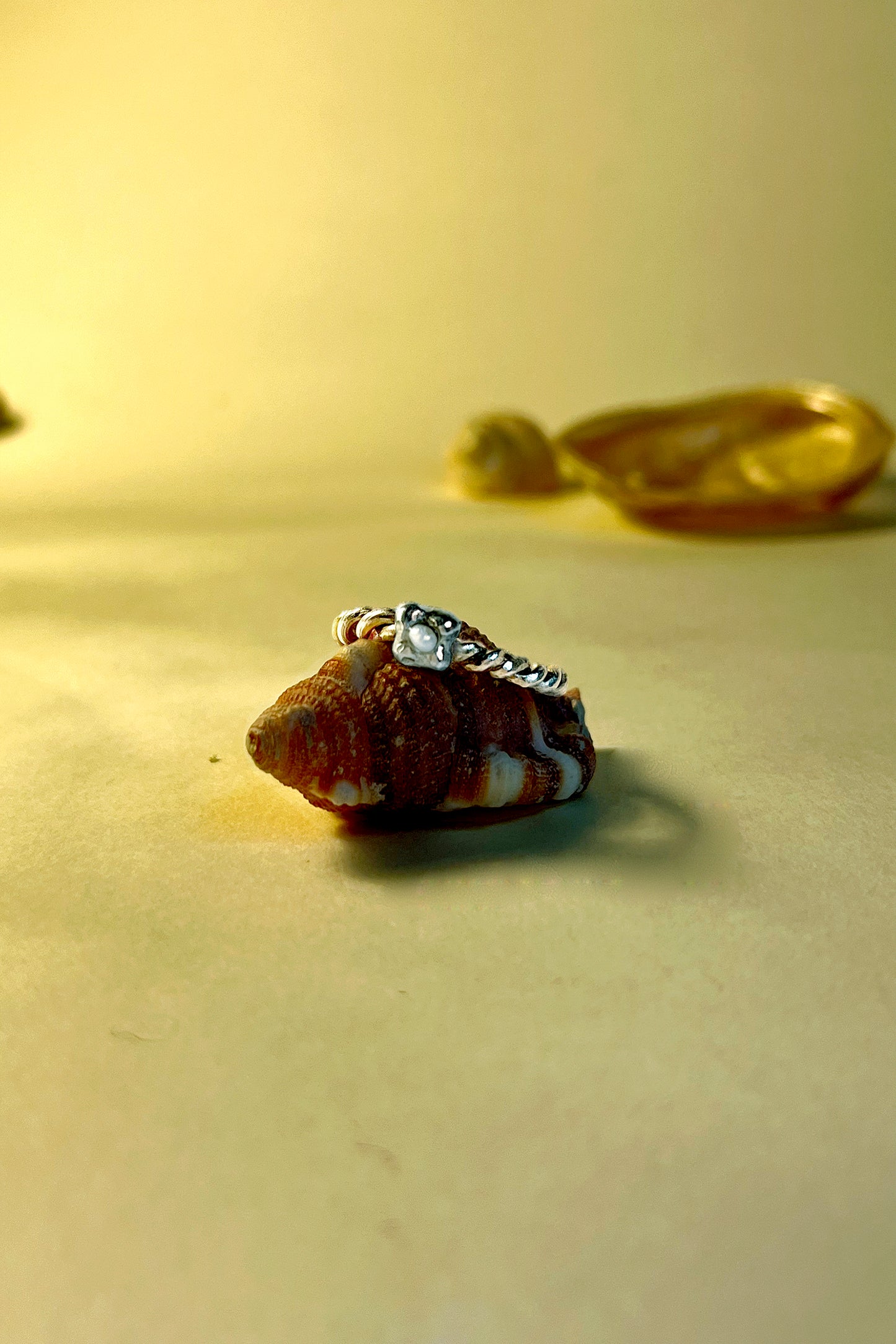 Sterling Silver Mini Mermaid Pearl Ring balanced on top of a crimson seashell. The lustrous Pearl held in four flower petals is finished in a high-polish. This delicate ring is a timeless gift for a wedding, a bride, a celebration, birthday or anniversary.