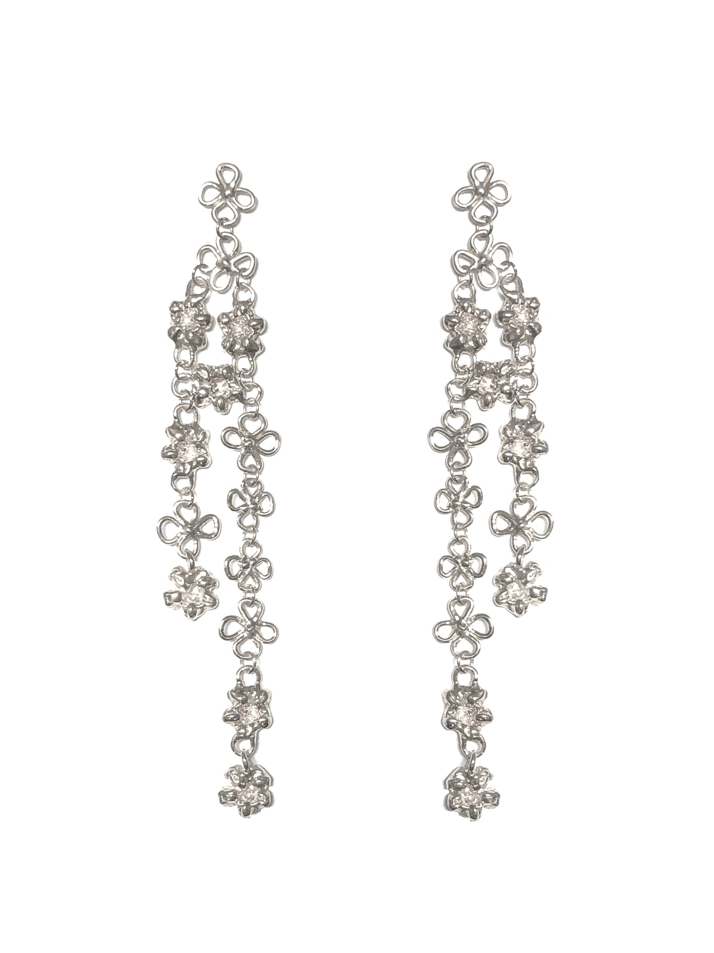 Product photo of CLARK Rosary earrings in Sterling Silver. Two rows of sculptural flower links. These are delicate Renaissance-inspired statement earrings, perfect for a bride to be, a special occasion or birthday gift!