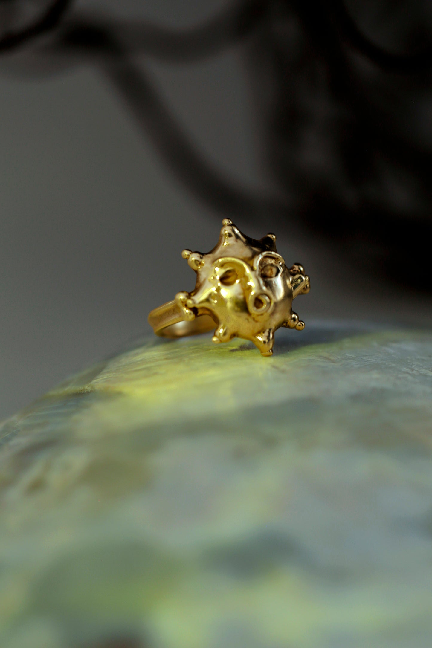 18K Gold Vermeil Tempest Ring. Ring is in ¾ view-the 8 points around the ring clearly show hand-made details. This ring is created using the lost wax casting technique and is one-of-a-kind.