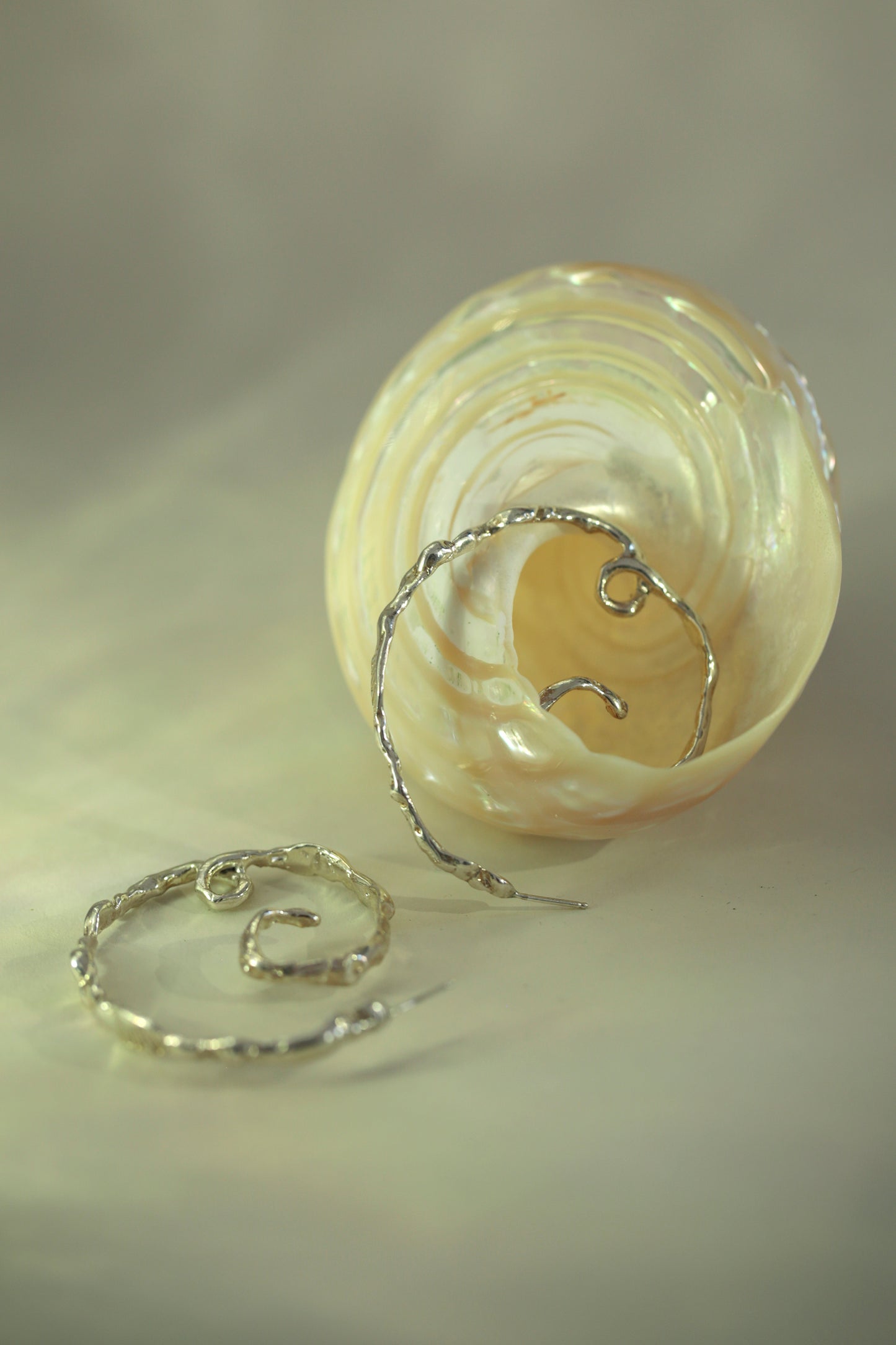 Product photo for CLARK Andromeda Earrings. An underwater mood, two spiraling hoop earrings are photographed. One flat against the ground and another nested in a shell. The earrings are Sterling Silver, at the bottom there is a loop. This unique hoop earring is a spiraling shape.