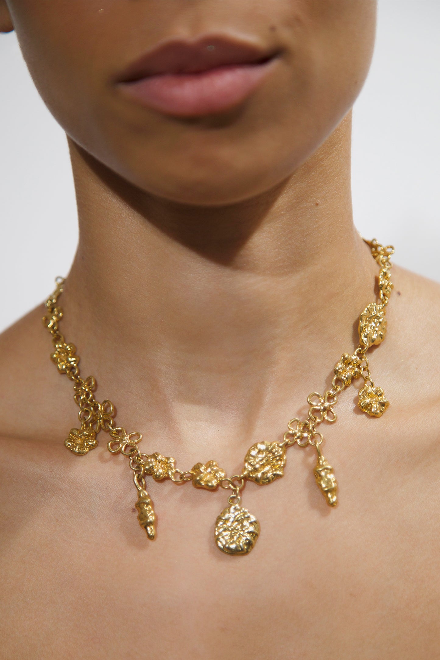 One-of-a-kind 18K Gold Vermeil CLARK Earthly Delights Necklaces, with various charms. This intricate high quality nature-inspired necklace was handcraft in Brooklyn NY by an artist.