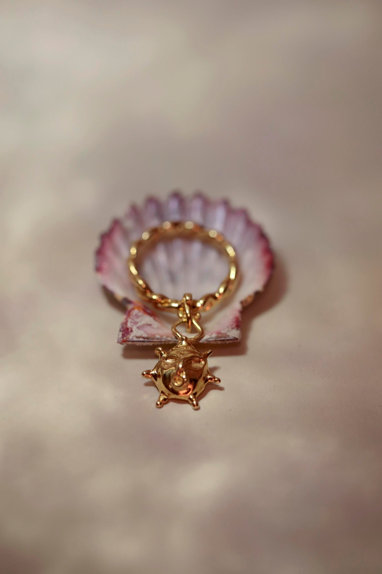 CLARK Aurora Charm ring rests inside a pink shell. The twisted 18K Gold Vermeil band is held in the seashell and the sun face charm lays on a dappled ground. This is a unique statement ring made using the lost wax casting method. A radiant gift for someone who likes renaissance inspired jewelry. 