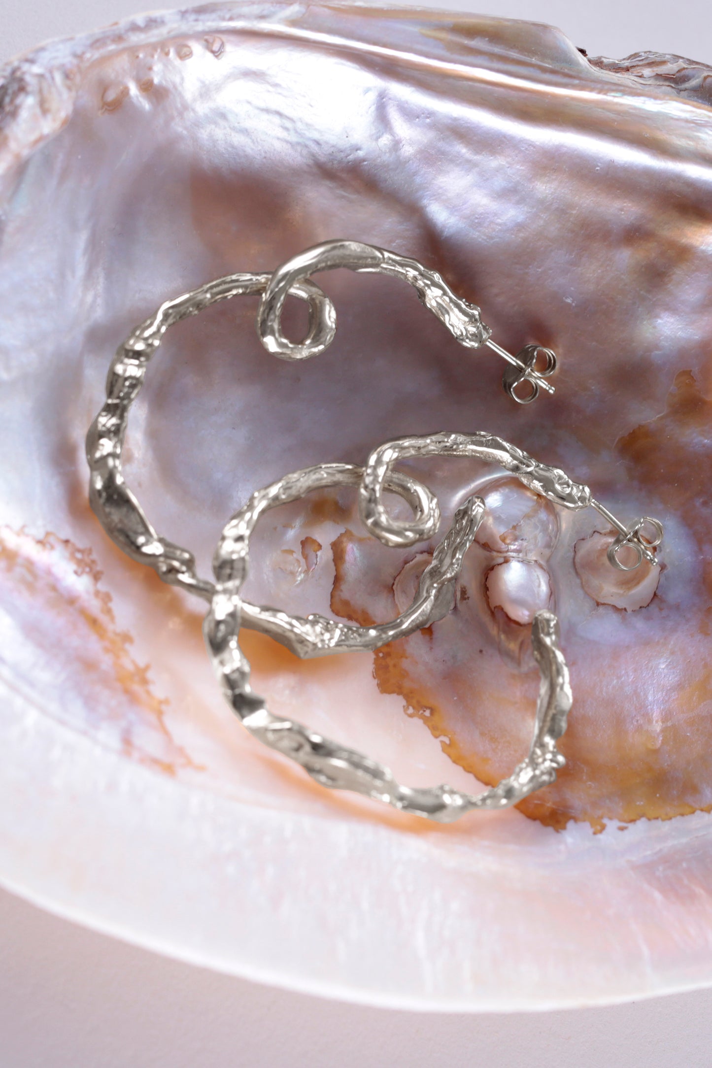 Pair of Sterling Silver CLARK Medusa Curl Hoops earrings nested in a seashell. These sculptural hoops reference a ringlet of hair from the Greek Medusa myth. 