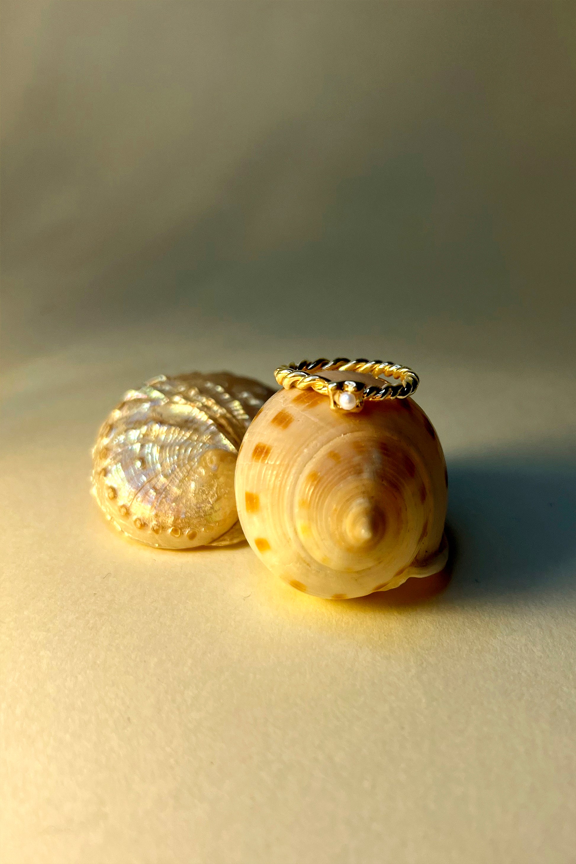 Dainty sea-inspired Mini Mermaid Ring by CLARK on top of a shell, showing off high quality lustrous Pearl. Bathed in gold, this unique gift evokes mermaid jewelry. The ring is handcraft using the lost-wax casting method, each ring is artisanal, made by an artist in Brooklyn.