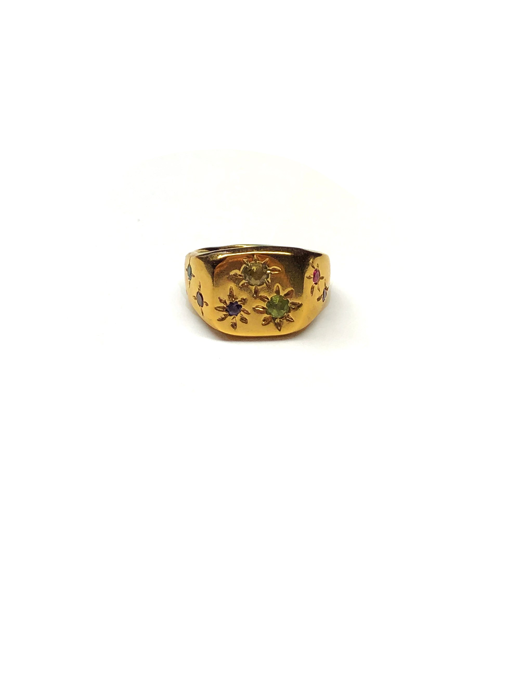 Front view of  CLARK Constellation Signet ring. This is a statement ring. The ring is bathed in 18K Gold Vermeil and has multi-colored  gems. 