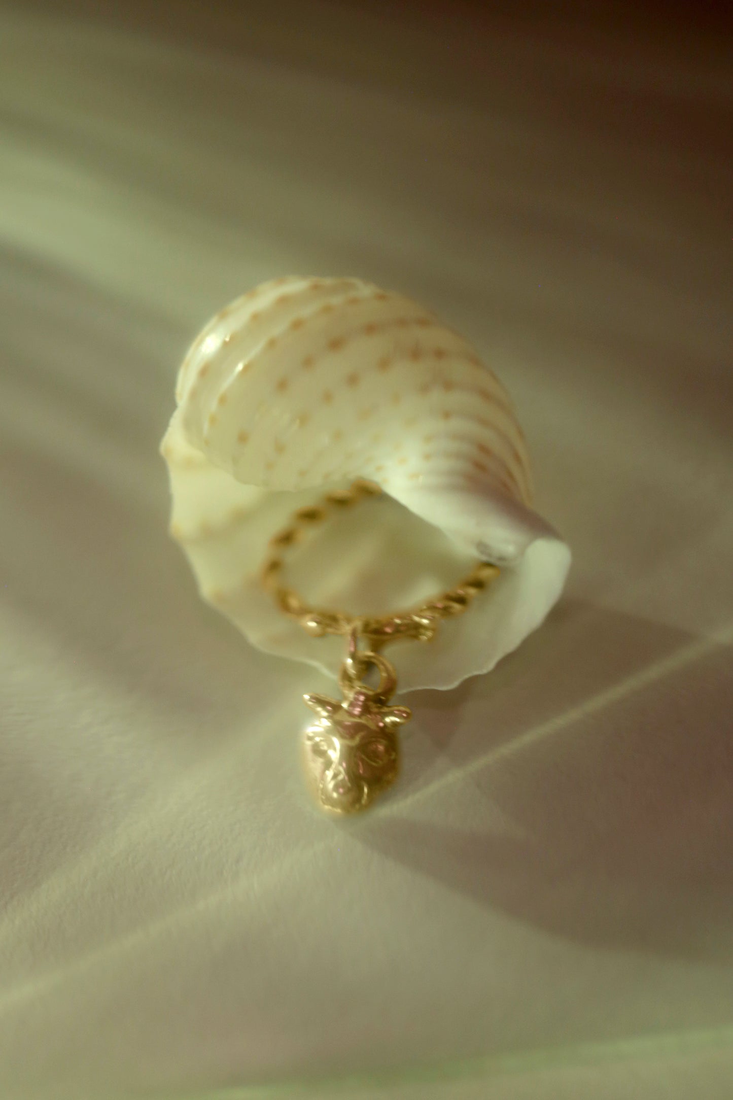 Mischievous Lilith Charm Ring by CLARK in 18K Gold Vermeil. Gold charm ring staged with seashell. A unique and artisanal statement gift, hand-made using the lost-wax-casting method.