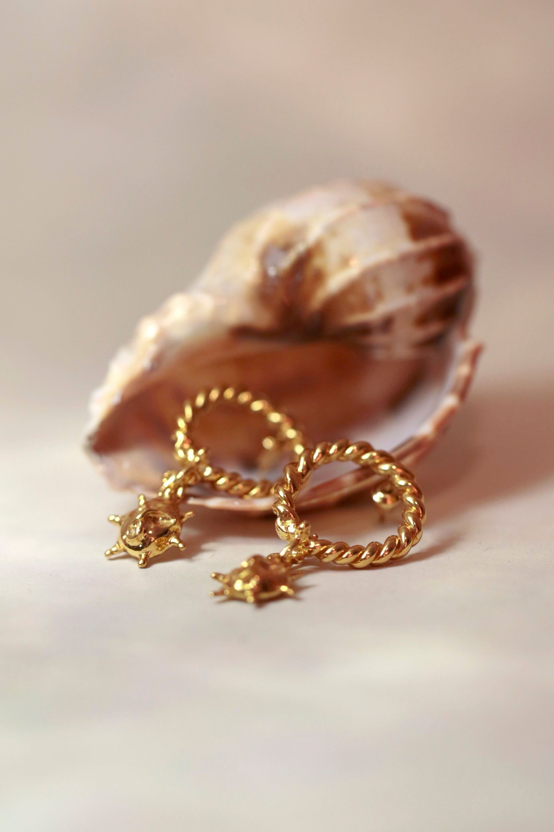 Ouroboros Sun Drop Earring by CLARK photographed in front of shell in dappled underwater light. These earrings feature a twisted loop with a small sun-faced charm. Symbolic of rebirth and hand made in 18K Gold Vermeil - a brilliant gift to complete any collection.