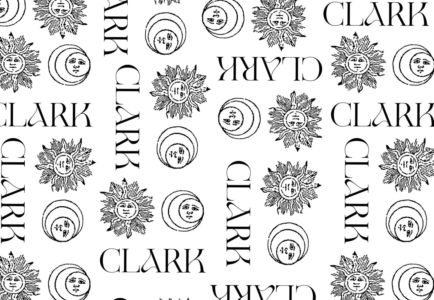 A repeating block print of a Sun and a Moon above the CLARK logo oriented in different directions giving the feeling of a stamped wall paper - CLARK digital gift card