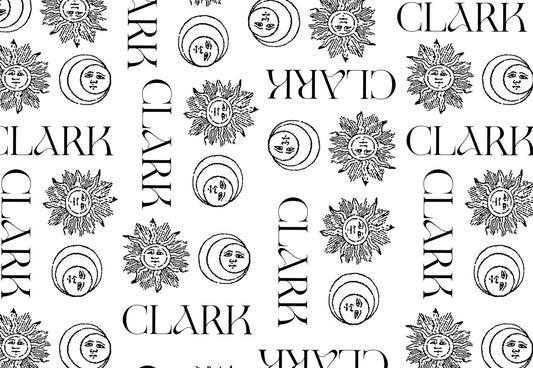 A repeating block print of a Sun and a Moon above the CLARK logo oriented in different directions giving the feeling of a stamped wall paper - CLARK digital gift card
