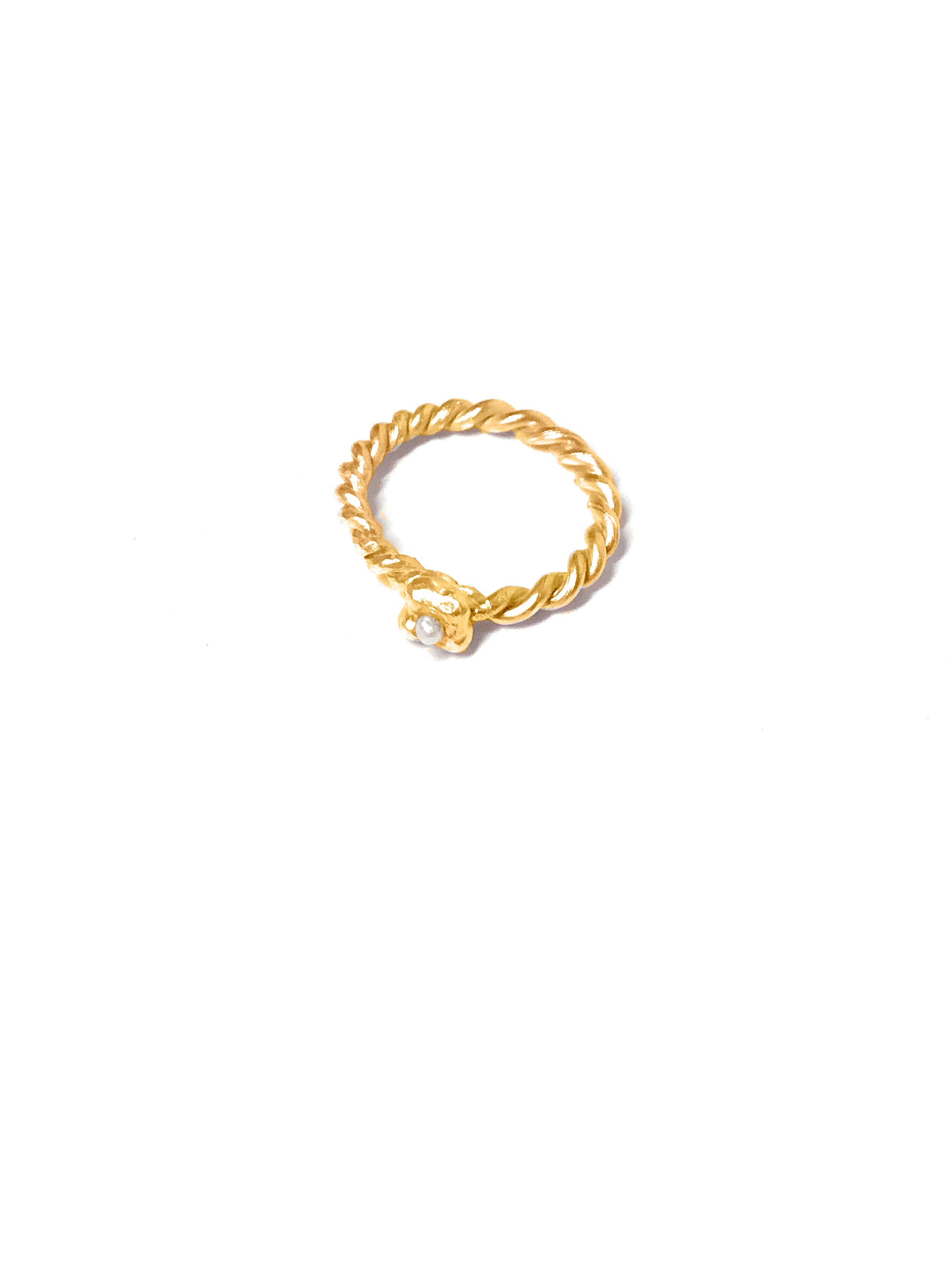Product photo of Mini Mermaid Ring in 18k Gold Vermeil. This is a unique handmade ring. The tiny freshwater Pearl and twisted band looks like a mermaid tail.